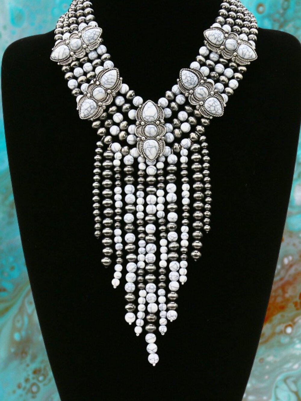 NEW Boho Western SilverWhite Howlite Stone Fringe Statement Festival Necklace